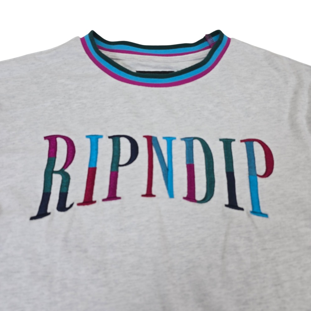 RIPNDIP Grey Long Sleeve T-Shirt Rainbow Logo Trim Size S - Picture 2 of 8